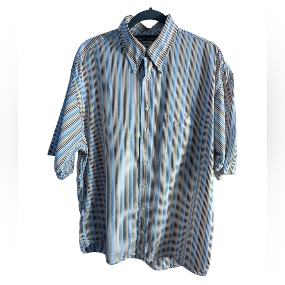 Burberry Blue Short Sleeve Button Front Striped Dress Shirt